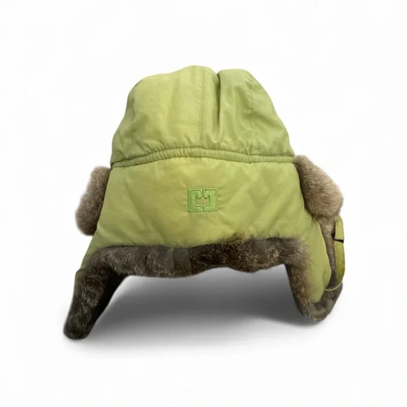 Crown Cap Green and Brown Winter Aviater Style Rabbit Fur Hat - Picture 6 of 12